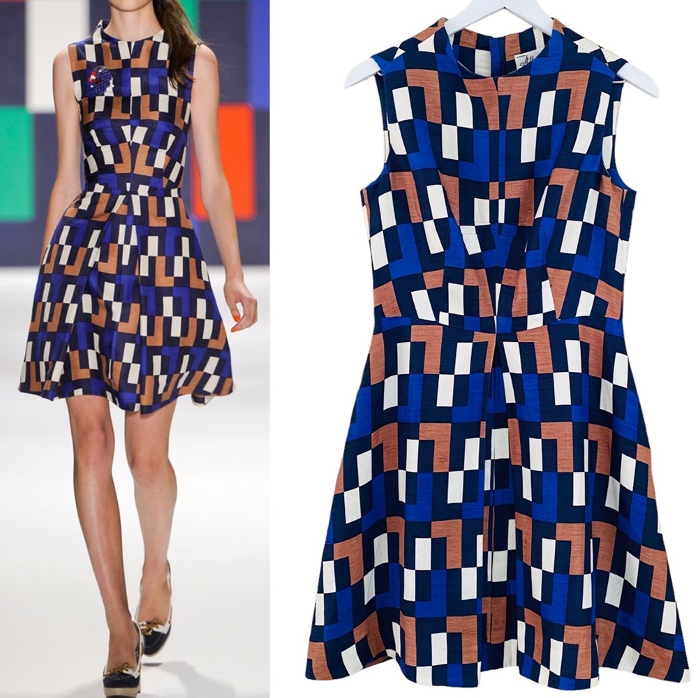 Milly of New York Runway Geo Print A-Line Front Pocket Linen & Silk Blend Dress